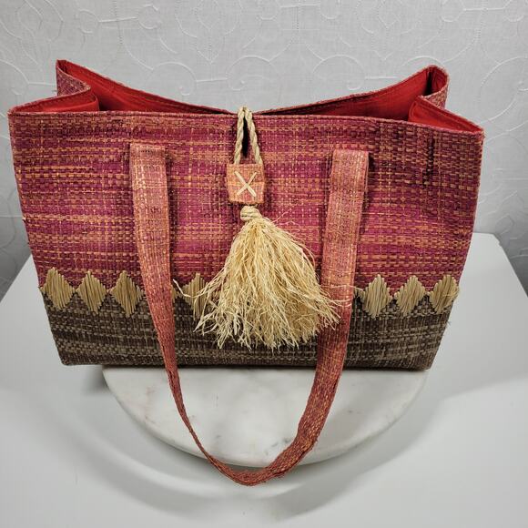 Crossing Pointe Raffia Beach Bag 14" Pink Brown Colorblock Tan Straw Diamond - Picture 13 of 16